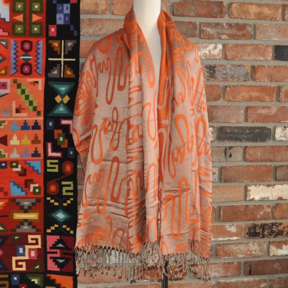 100% Cashmere Orange & Taupe Wavy Design Wrap Shawl New Without Tag - Picture 4 of 8